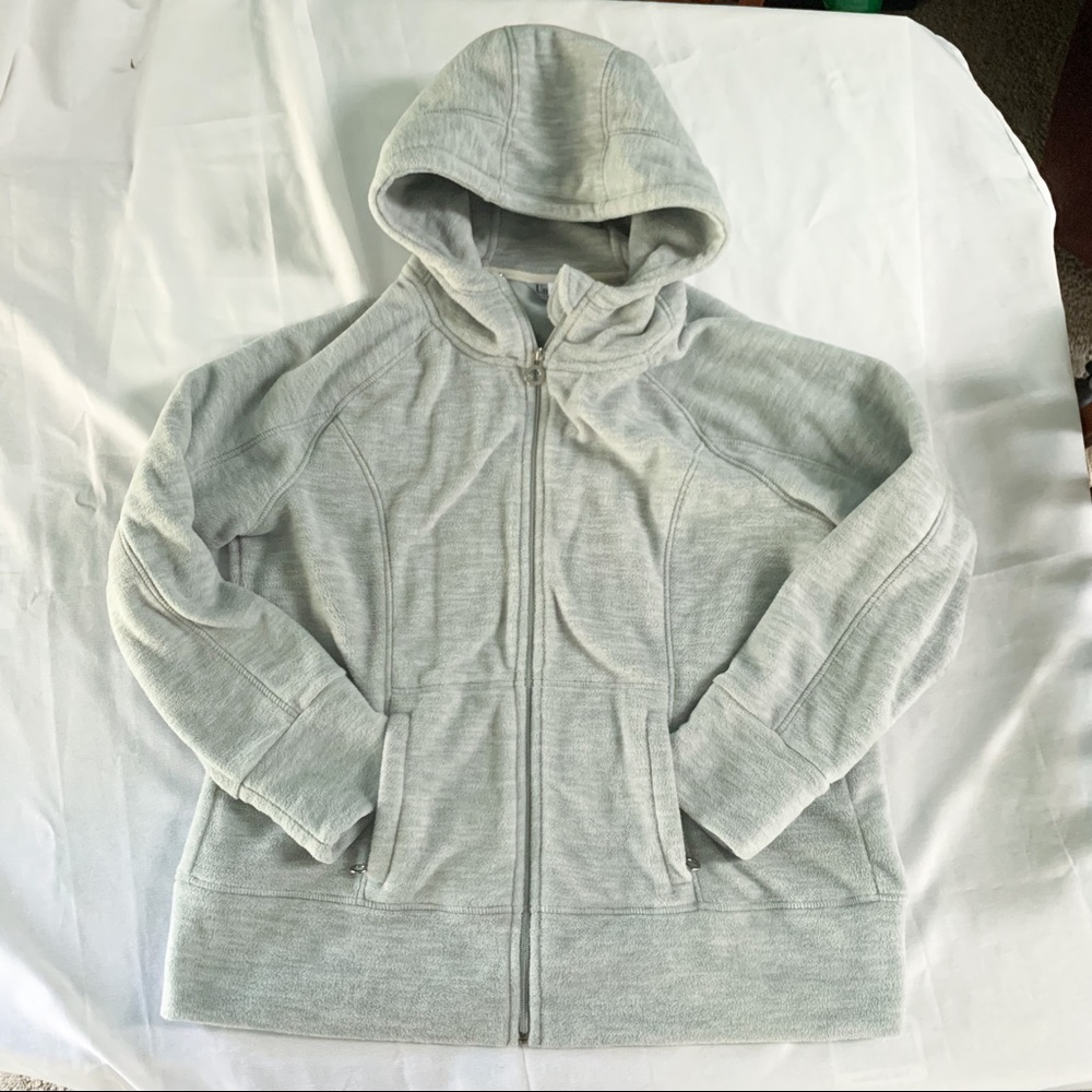 Light gray hooded zip up jacket with front pocket